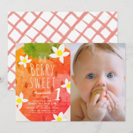 Berry Sweet Strawberry Girl Photo 1st Birthday Inbjudningar