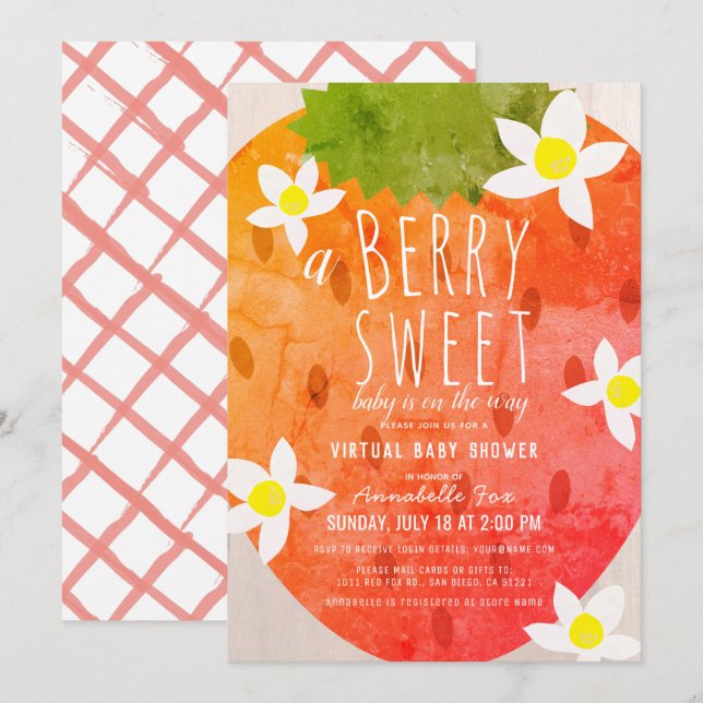 Berry Sweet Strawberry Girl Virtuell Baby Shower Inbjudningar (Fram/baksida)