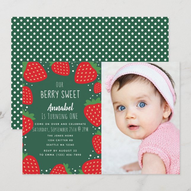 Berry Sweet Strawberry Kids 1:a födelsedag Foto Inbjudningar (Fram/baksida)