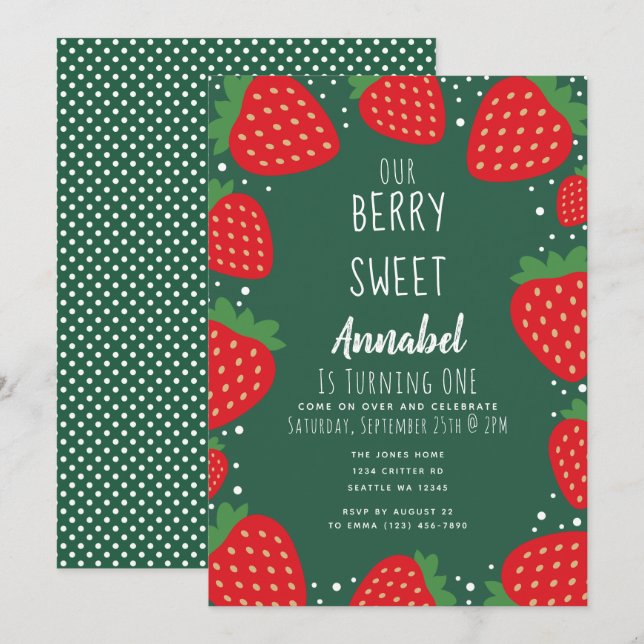 Berry Sweet Strawberry Kids 1:a födelsedagen Inbjudningar (Fram/baksida)