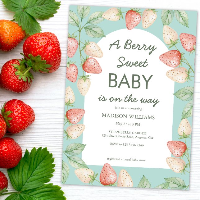 Berry Sweet Strawberry Mint Grönt Baby Shower Inbjudningar (Skapare uppladdad)