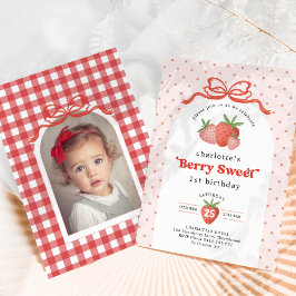 Berry Sweet Strawberry Red Bow Birthday Photo Inbjudningar