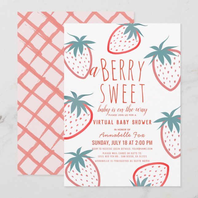 Berry Sweet Strawberry Red Virtuell Baby Shower Inbjudningar (Fram/baksida)