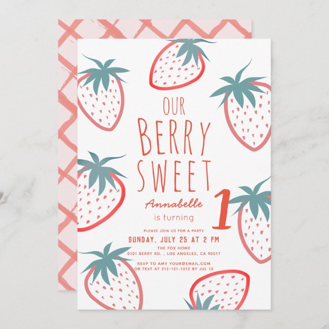 Berry Sweet Strawberry Red White 1 Birthday Inbjudningar (Fram/baksida)
