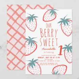 Berry Sweet Strawberry Red White 1 Birthday Inbjudningar