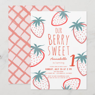 Berry Sweet Strawberry Red White 1 Birthday Inbjudningar