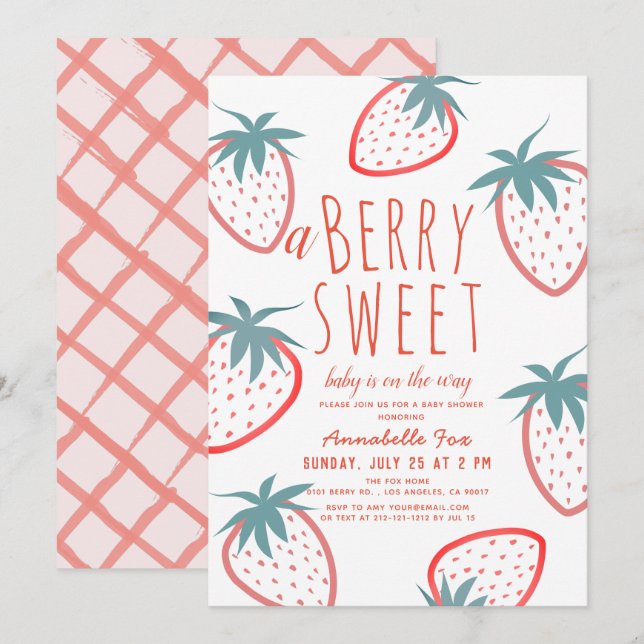 Berry Sweet Strawberry Red White Baby Shower Inbjudningar (Fram/baksida)