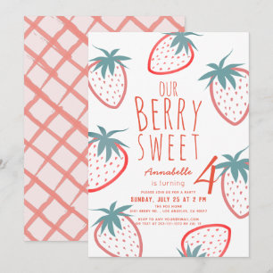 Berry Sweet Strawberry Red White Birthday Inbjudningar