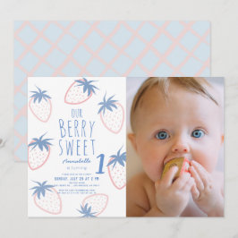 Berry Sweet Strawberry Rosa 1:a födelsedag Foto Inbjudningar