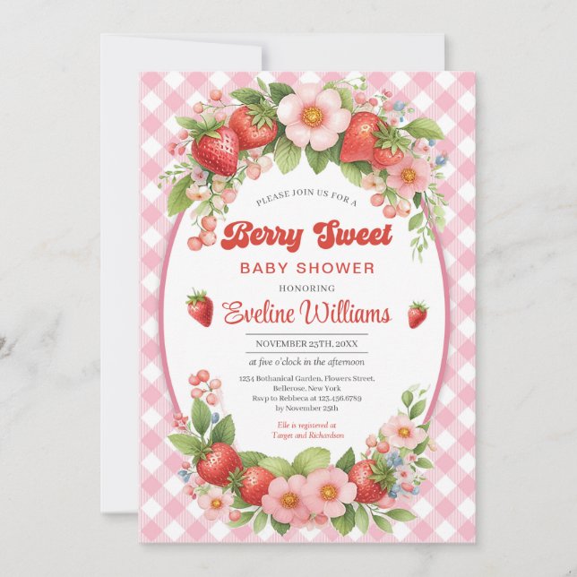 Berry Sweet Strawberry Rosa Baby Shower-inbjudan Inbjudningar (Framsida)