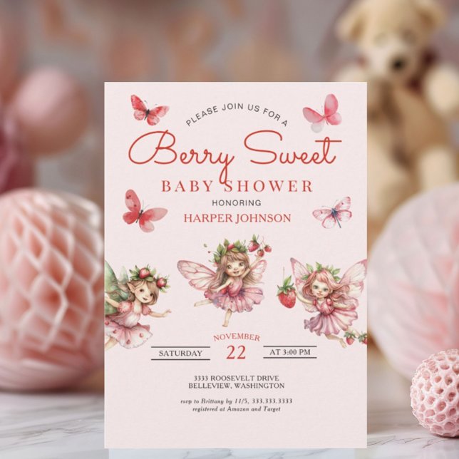 Berry Sweet Strawberry Rosa Baby Shower Inbjudningar (Skapare uppladdad)