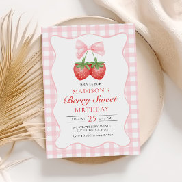 Berry Sweet Strawberry Rosa Bow Birthday Inbjudningar