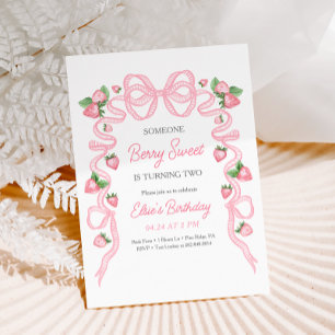 Berry Sweet Strawberry Rosa Bow Birthday Inbjudningar