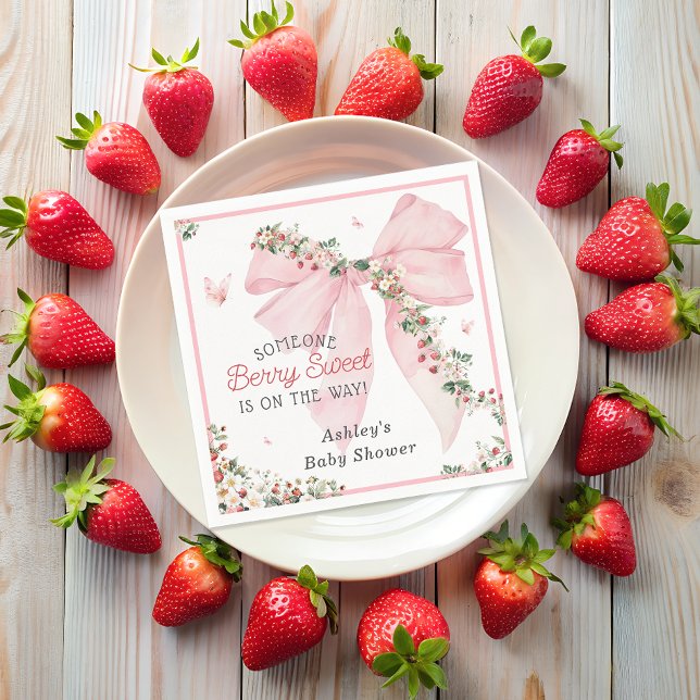 Berry Sweet Strawberry Rosa Bow Blommigt Baby Show Pappersservett (Skapare uppladdad)