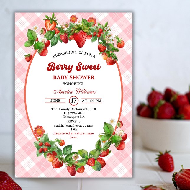 Berry Sweet Strawberry Rosa Girl Baby Shower Inbjudningar (Skapare uppladdad)