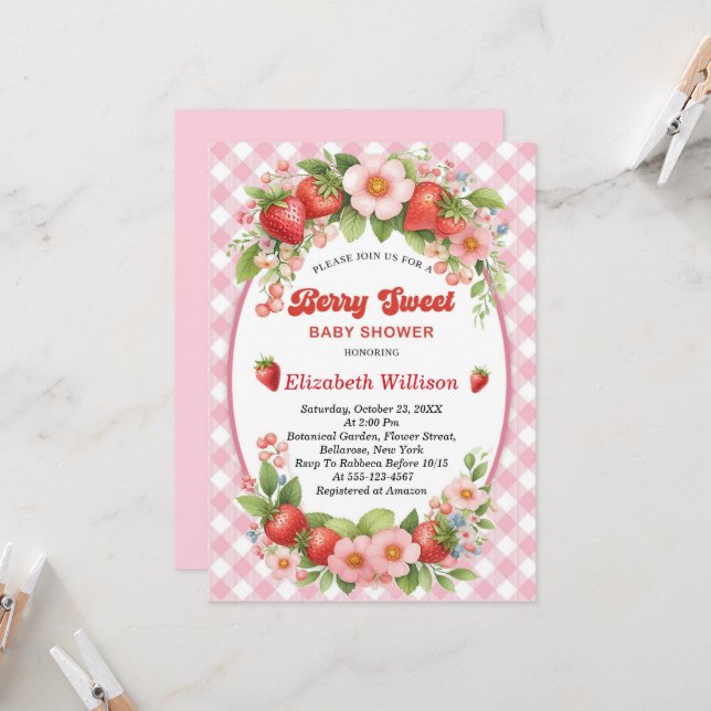 Berry Sweet Strawberry Rosa Girl Baby Shower Inbjudningar (Fram/Back In Situ)