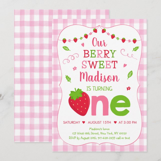 Berry Sweet Strawberry Rosa Grönt First Birthday Inbjudningar (Fram/baksida)