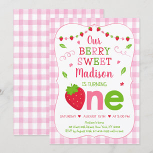 Berry Sweet Strawberry Rosa Grönt First Birthday Inbjudningar