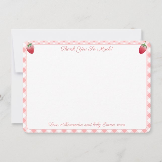 Berry Sweet Strawberry Rosa Vichy Baby Shower Tack Kort (Framsida)