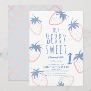 Berry Sweet Strawberry Rosa Vit 1:a födelsedag Inbjudningar