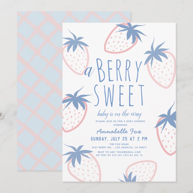Berry Sweet Strawberry Rosa White Baby Shower Inbjudningar (Fram/baksida)