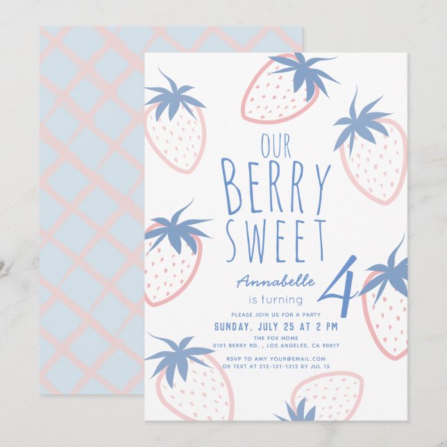 Berry Sweet Strawberry Rosa White Birthday Inbjudningar (Fram/baksida)