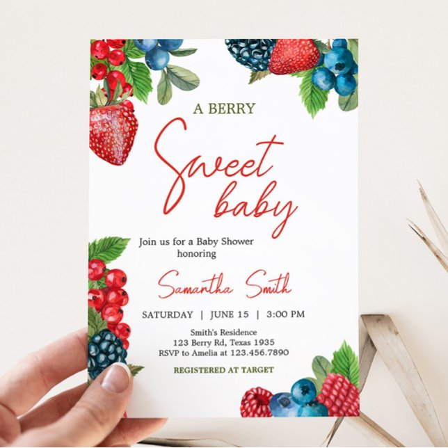 Berry Sweet Summer Baby Shower Inbjudningar (Red and Blue Berries Baby Shower Invitation)