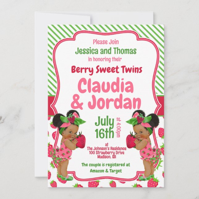 Berry Sweet Twillingars Strawberry Baby Shower Kort (Framsida)
