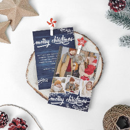 Berry Twig Blue Wood Photo Collage Merry Christmas Julkort