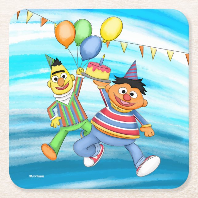 Bert och Ernie Birthday Balloons Underlägg Papper Kvadrat (Framsidan)