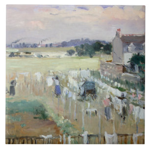Berthe Morisot - hänga tvätten ut till torrt Kakelplatta