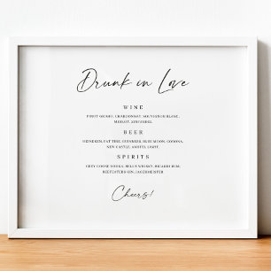 Berusad i kärlek Bar Meny Minimal Bröllopsdrycksky Poster