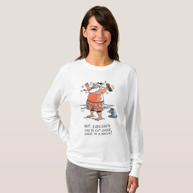 Berusad tomte med sälkvinnor vit långärmad skjorta t shirt (Hel framsida)