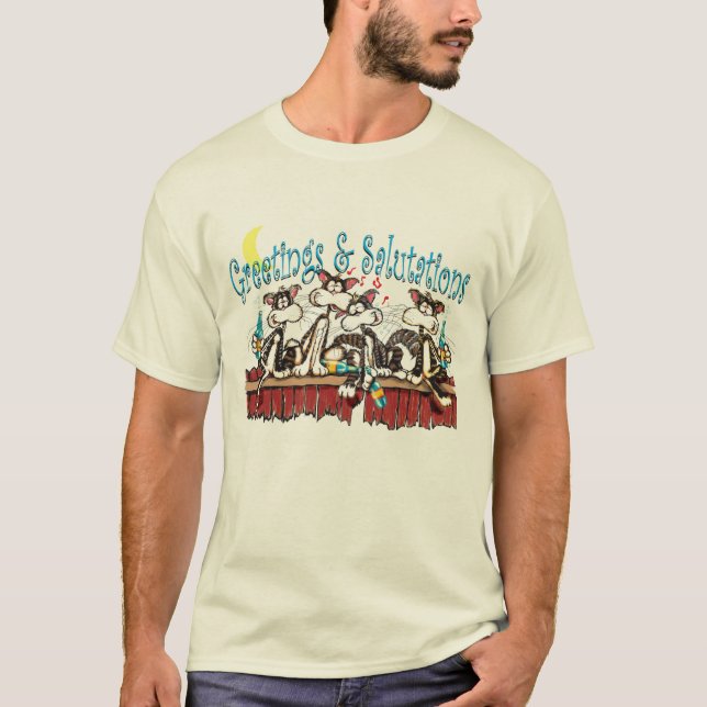 Berusade katter, hälsningar och hälsningar tee shirt (Framsida)