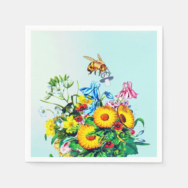 Bes Baby Shower Blue Flroal Nappar Pappersservett (Framsidan)