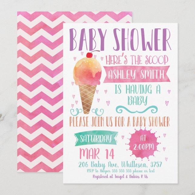Besätter inbjudan till Scoop Ice-Cream Baby Shower (Fram/baksida)