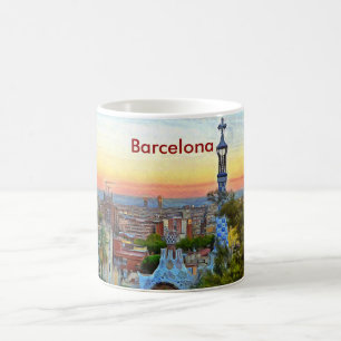 Beskåda av Barcelona på solnedgången från park Kaffemugg