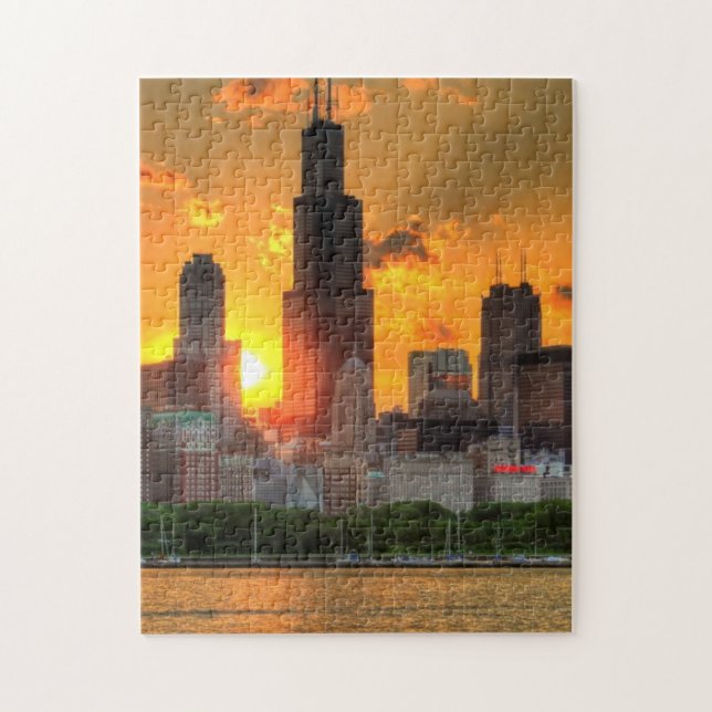 Beskåda av Chicago horisont från Adler Pussel (Vertikal)