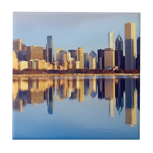 Beskåda av Chicago horisont med reflexion Kakelplatta (Framsidan)