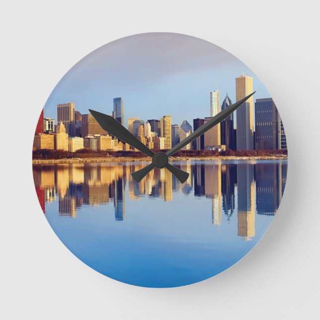 Beskåda av Chicago horisont med reflexion Rund Klocka (Framsida)