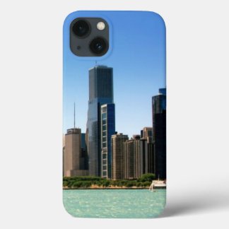 Beskåda av Chicago horisont vid Lake Michigan