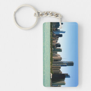 Beskåda av Chicago horisont vid Lake Michigan