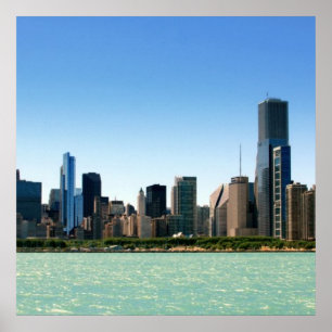 Beskåda av Chicago horisont vid Lake Michigan Poster