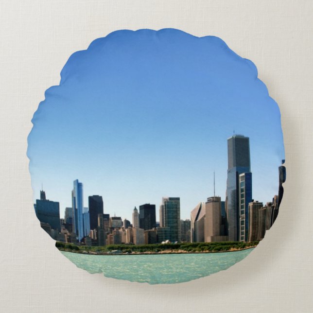 Beskåda av Chicago horisont vid Lake Michigan Rund Kudde (Framsidan)