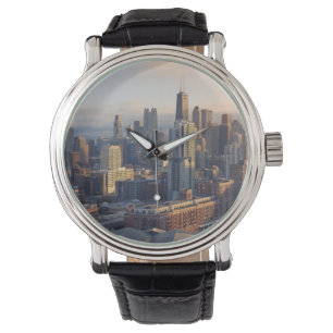 Beskåda av cityscape med fantastiskt ljust armbandsur