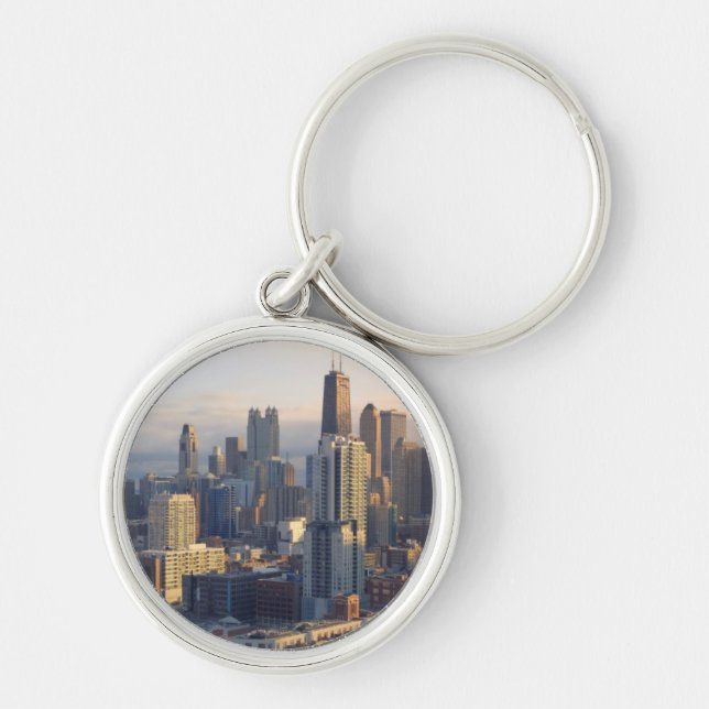 Beskåda av cityscape med fantastiskt ljust rund silverfärgad nyckelring (Framsidan)