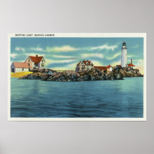 Beskåda av den Boston hamnen och den Boston fyren Poster