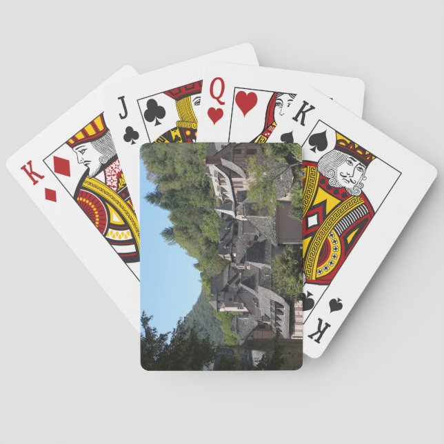 Beskåda av den medeltida byn (fotoet) spel kort (Baksidan)