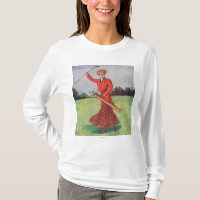 Beskåda av en kvinna i röd golfspel t shirt (Framsida)