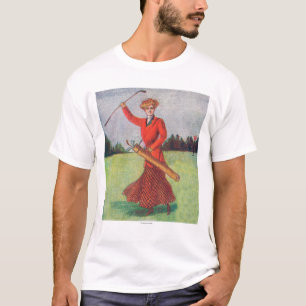 Beskåda av en kvinna i röd golfspel t shirt